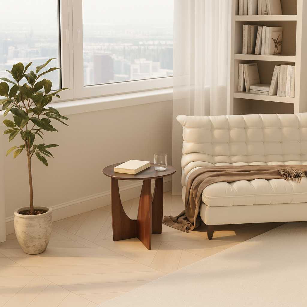 Modern Wooden Round Side Table With Sculptural Cut-Out Base