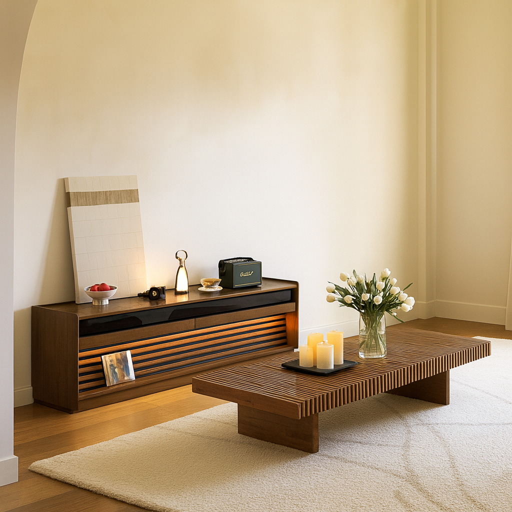 Modern Wooden Slatted Coffee Table For Living Room