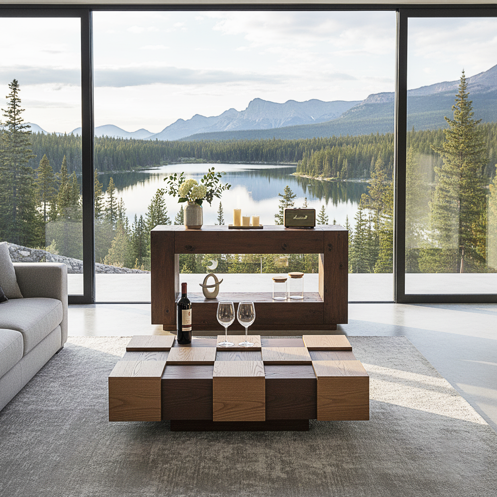 Modern Wooden Square Coffee Table With Block Base For Living Room