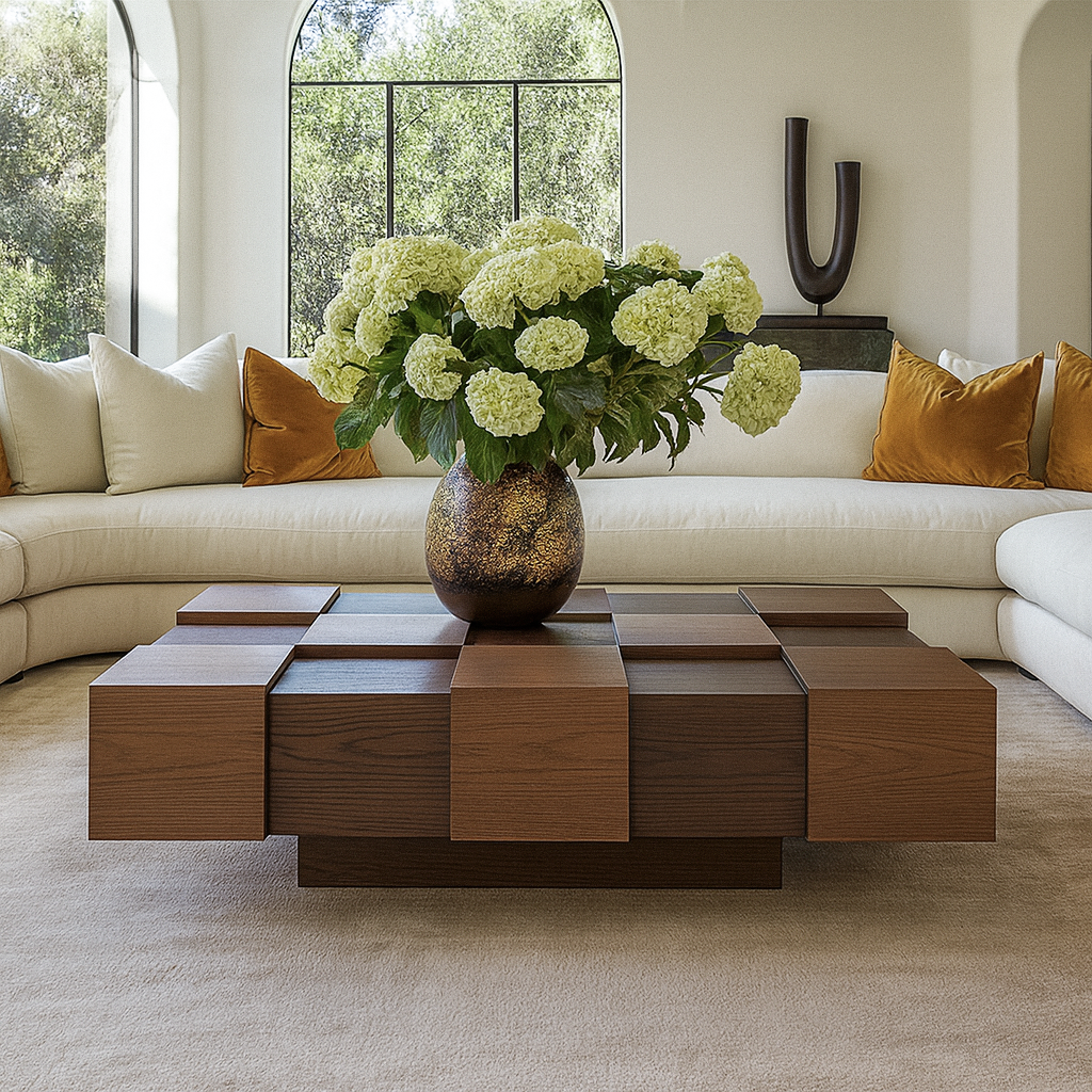 Modern Wooden Square Coffee Table With Block Base For Living Room
