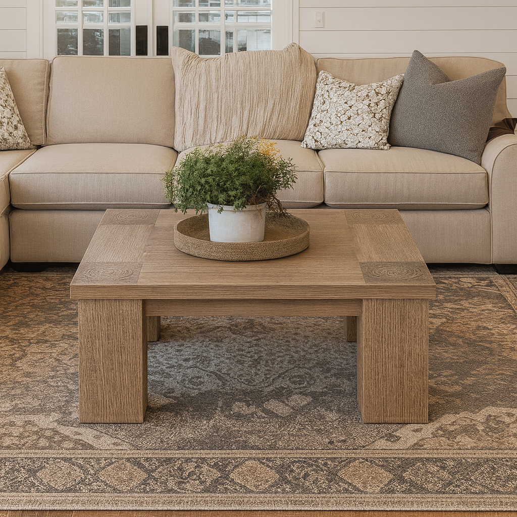 Modern Wooden Square Coffee Table With Block Legs For Living Room