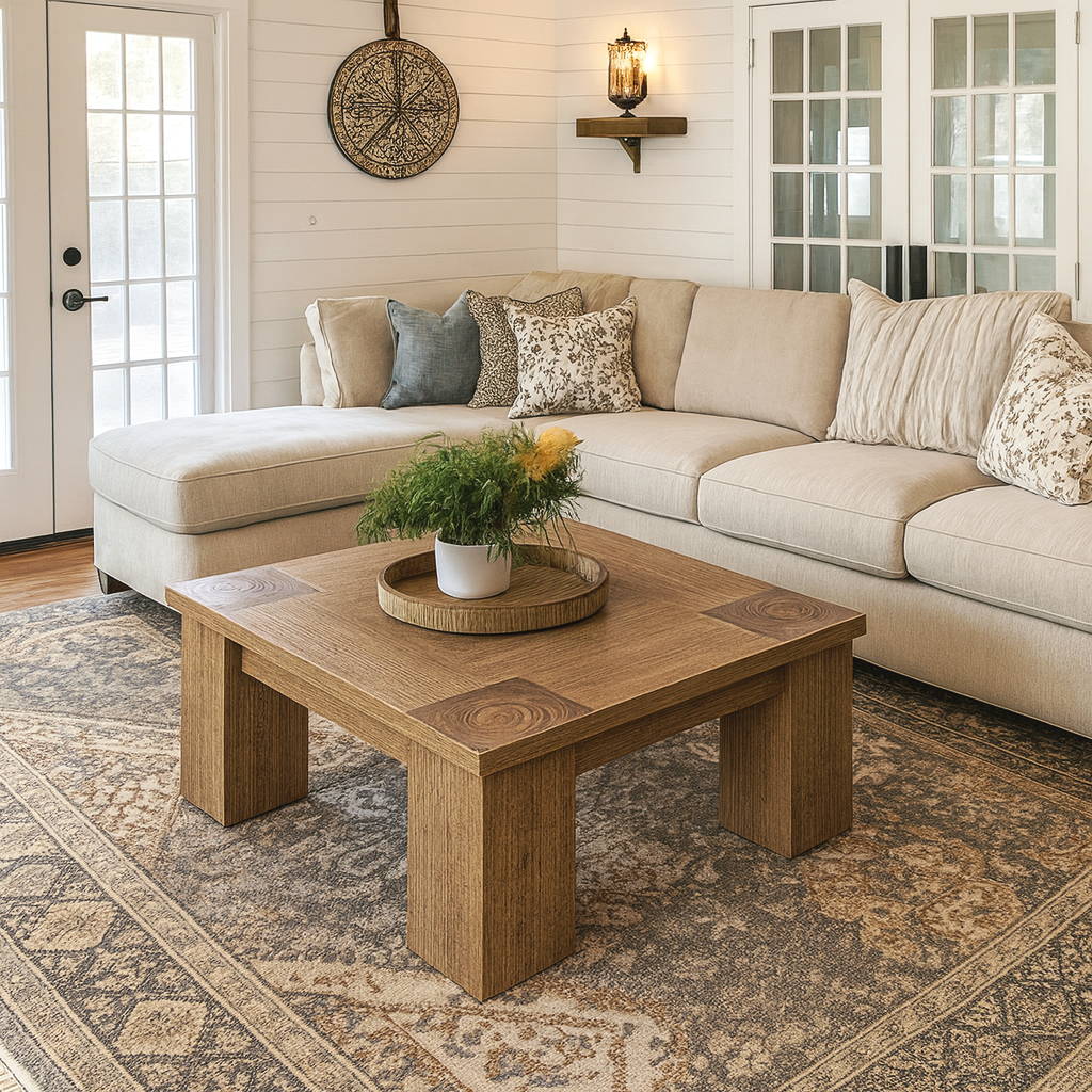 Modern Wooden Square Coffee Table With Block Legs For Living Room