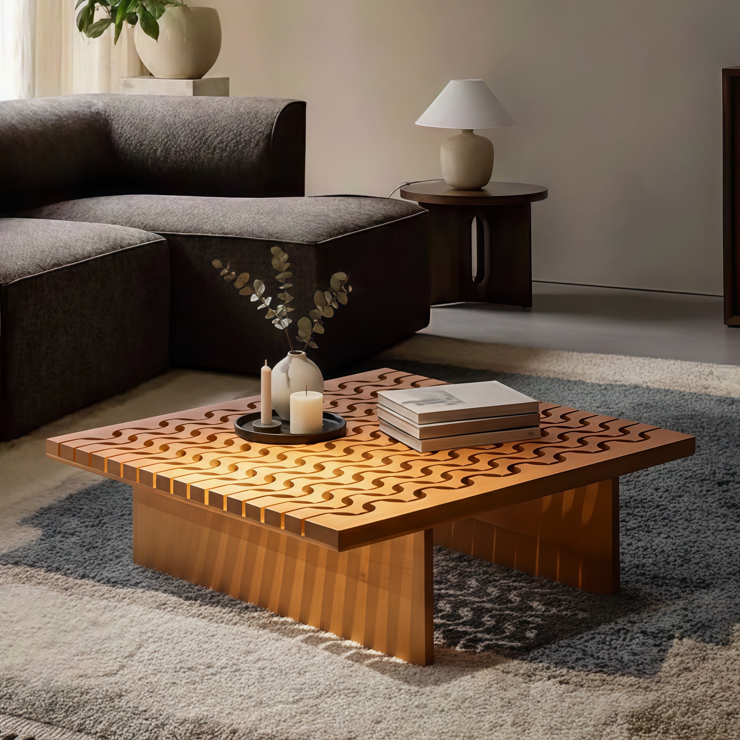 Modern Wooden Square Coffee Table With Patterned Top