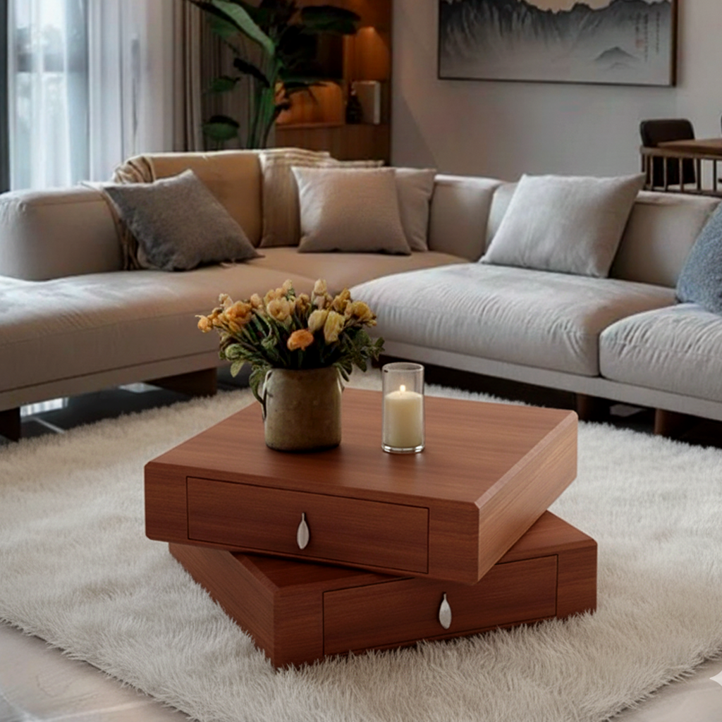 Modern Wooden Square Coffee Table With Storage Drawers For Living Room