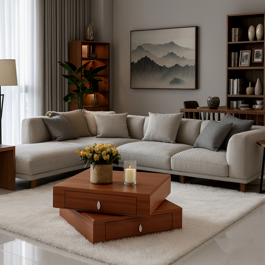 Modern Wooden Square Coffee Table With Storage Drawers For Living Room