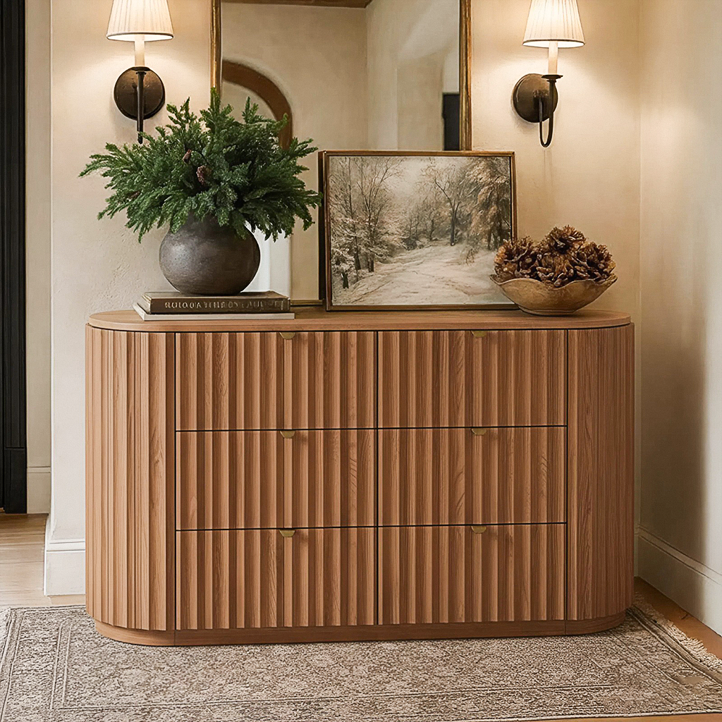 Modern Wooden Storage Cabinet With Fluted Front Drawers For Living Room