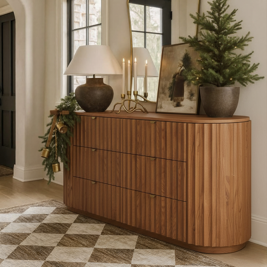 Modern Wooden Storage Cabinet With Fluted Front Drawers For Living Room
