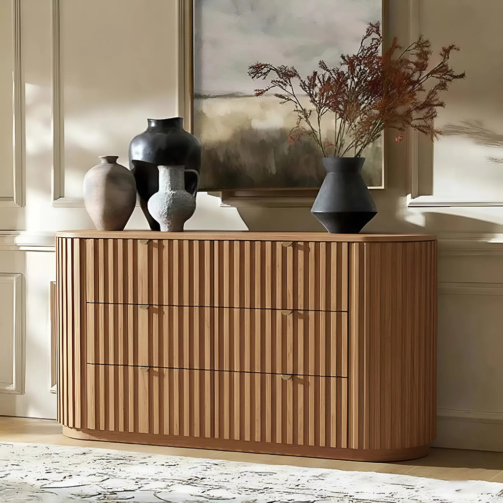 Modern Wooden Storage Cabinet With Fluted Front Drawers For Living Room