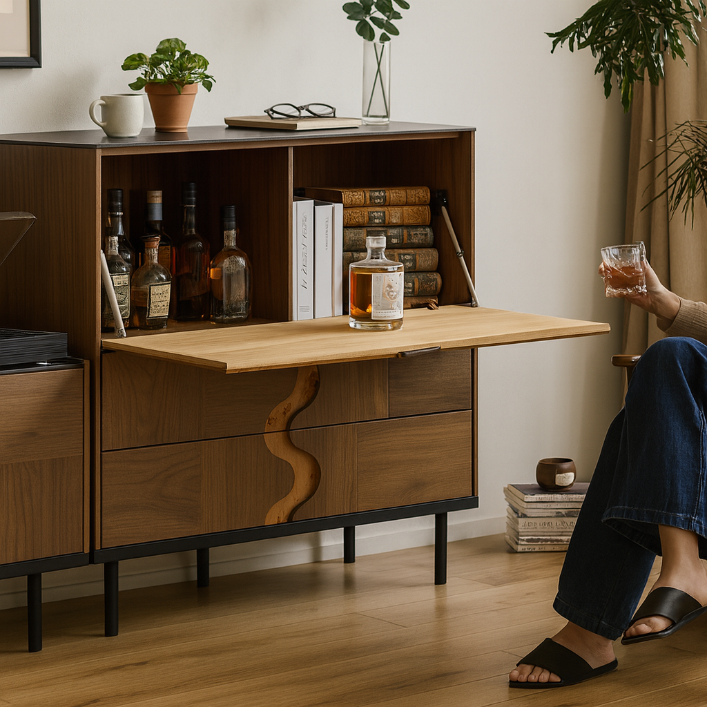 Modern Wooden Storage Cabinet With Wavy Inlay Front