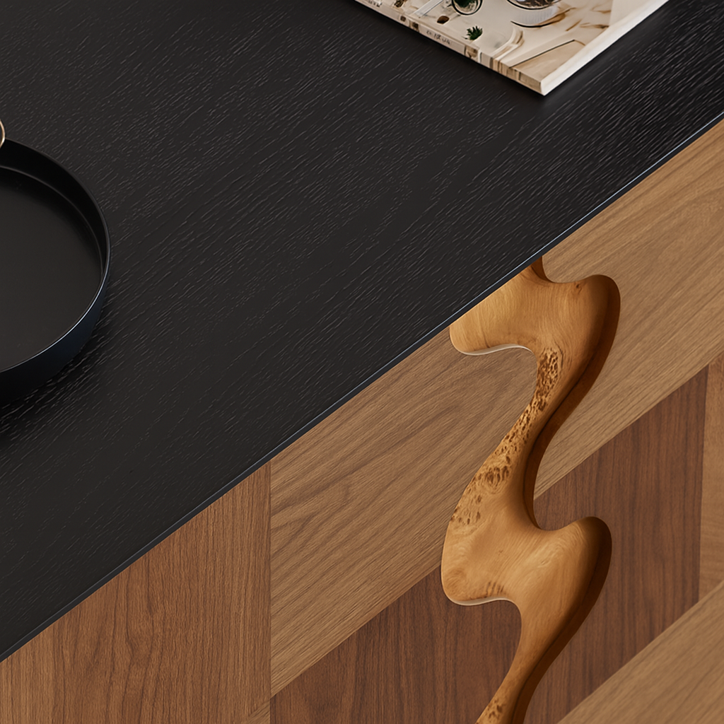 Modern Wooden Storage Cabinet With Wavy Inlay Front