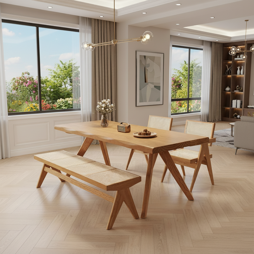 Scandinavian Wooden Rectangular Dining Table With Angled Legs For Dining Room