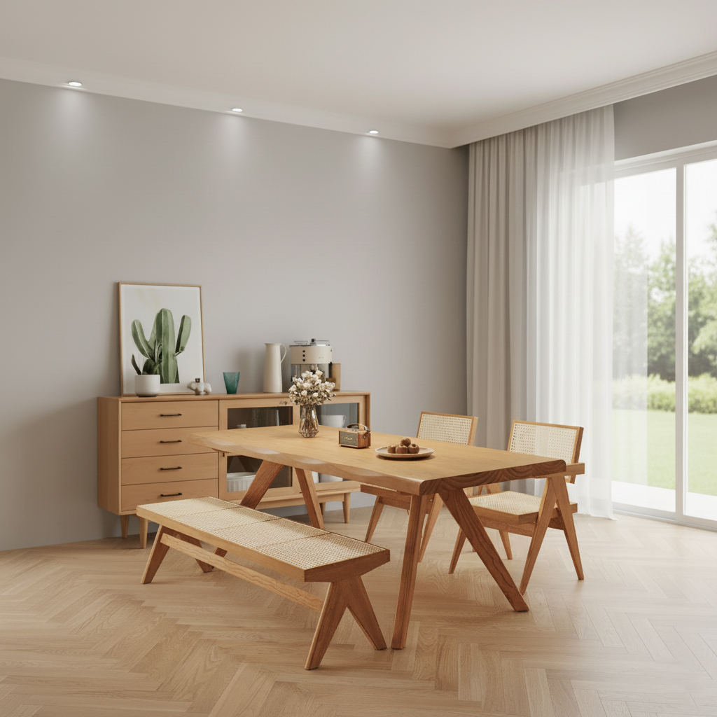 Scandinavian Wooden Rectangular Dining Table With Angled Legs For Dining Room