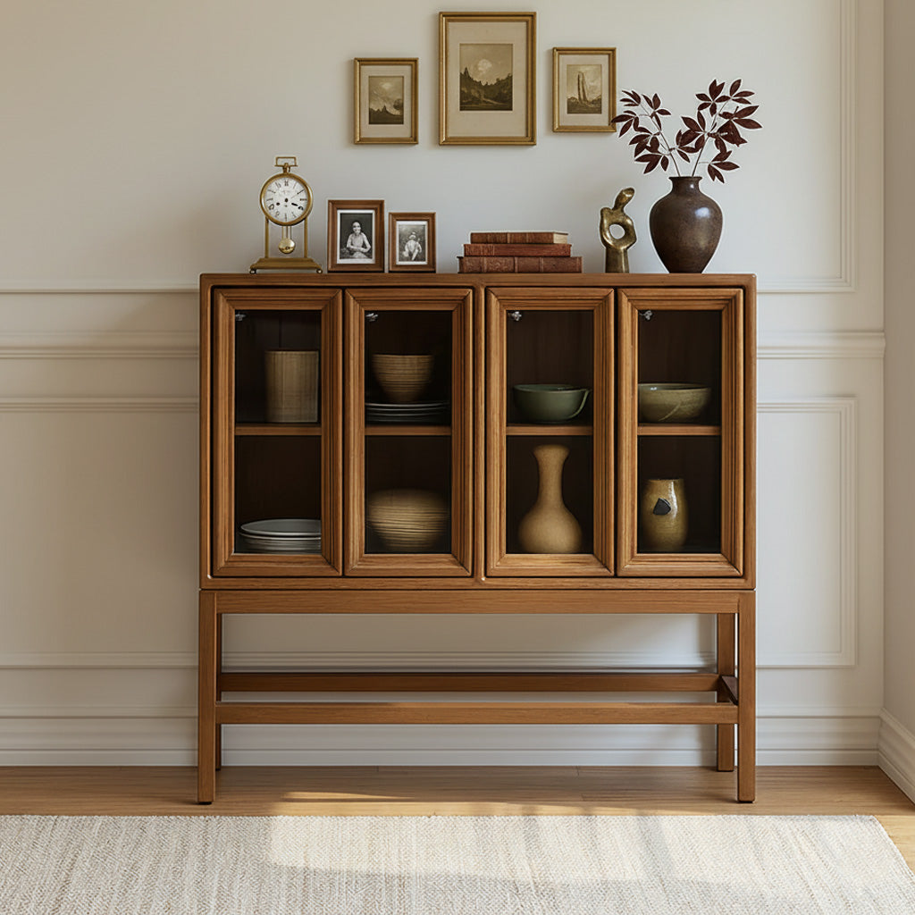 Scandinavian Solid Teak Wood Display Cabinet For Living Room