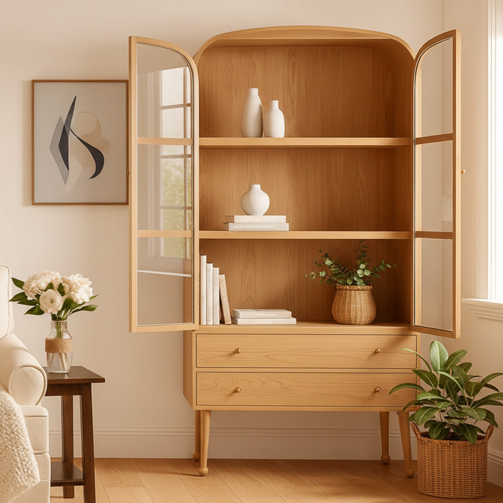 Scandinavian Wooden Display Cabinet With Arched Glass Doors