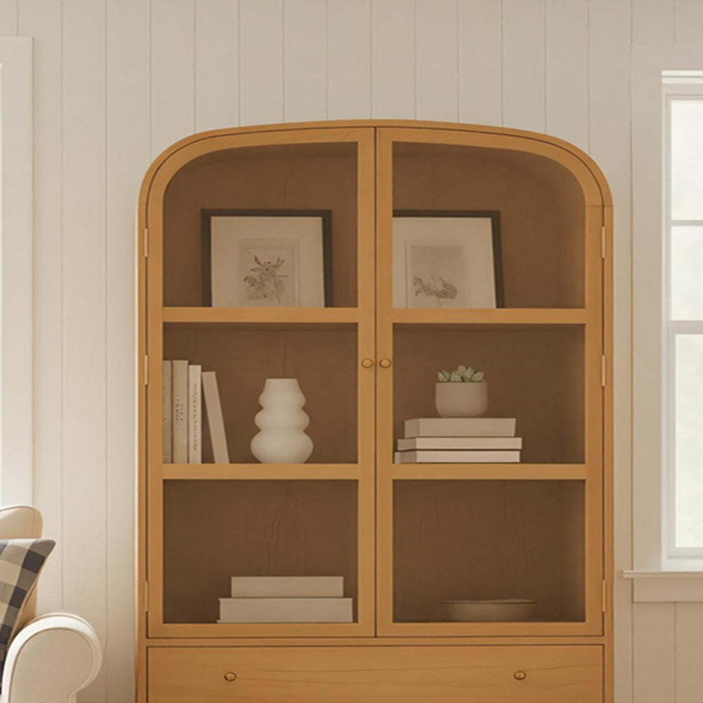 Scandinavian Wooden Display Cabinet With Arched Glass Doors