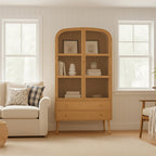 Scandinavian Wooden Display Cabinet With Arched Glass Doors