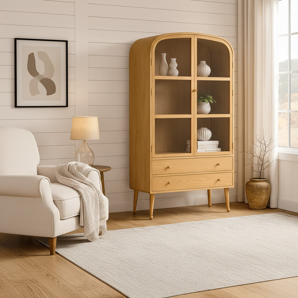 Scandinavian Wooden Display Cabinet With Arched Glass Doors