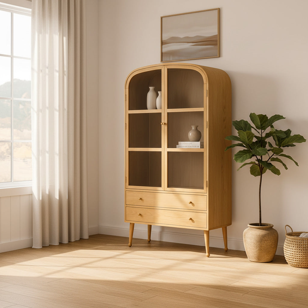 Scandinavian Wooden Display Cabinet With Arched Glass Doors