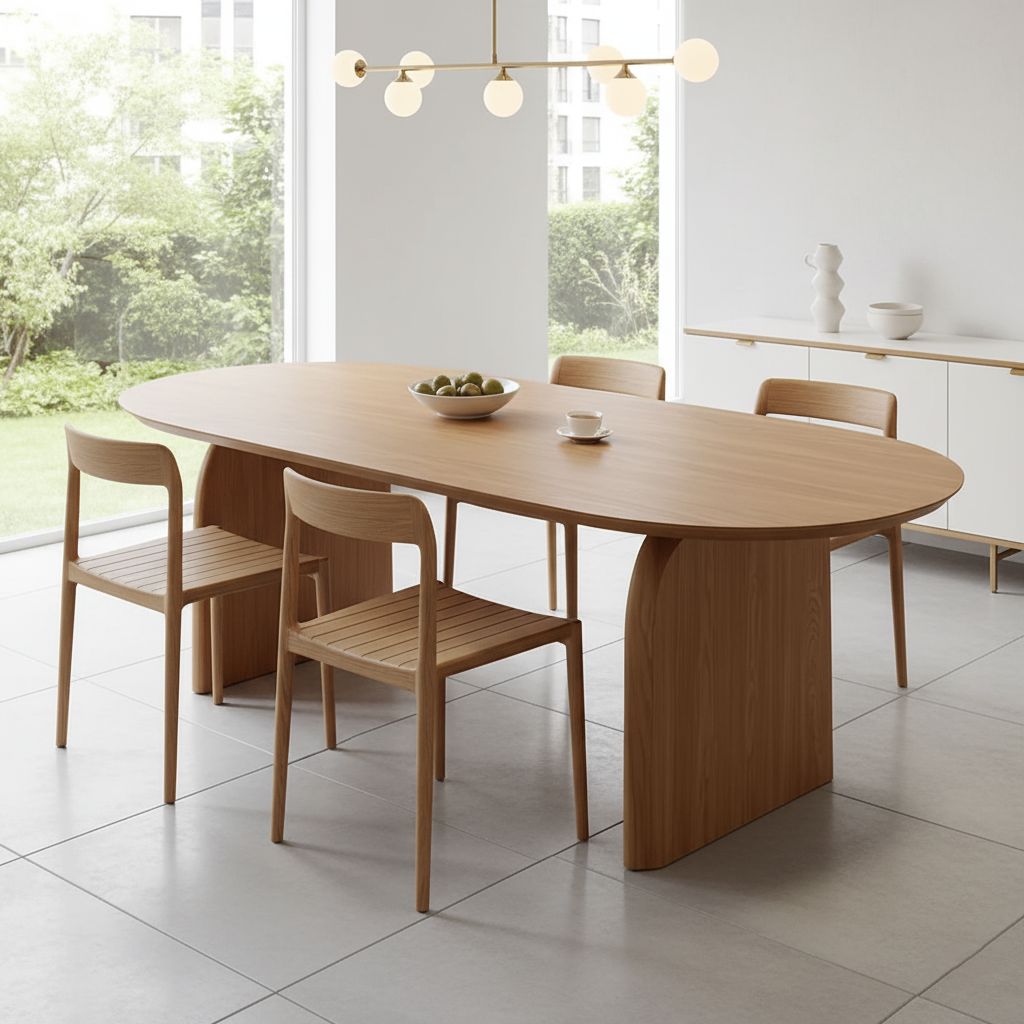 Scandinavian Wooden Oval Dining Table With Panel Leg Base