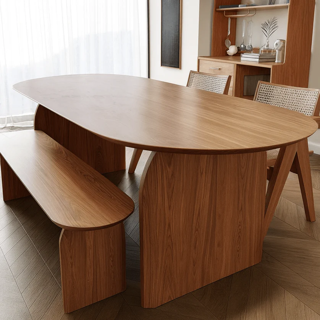 Scandinavian Wooden Oval Dining Table With Panel Leg Base