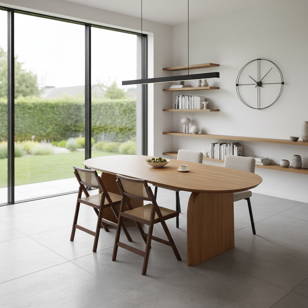 Scandinavian Wooden Oval Dining Table With Panel Leg Base