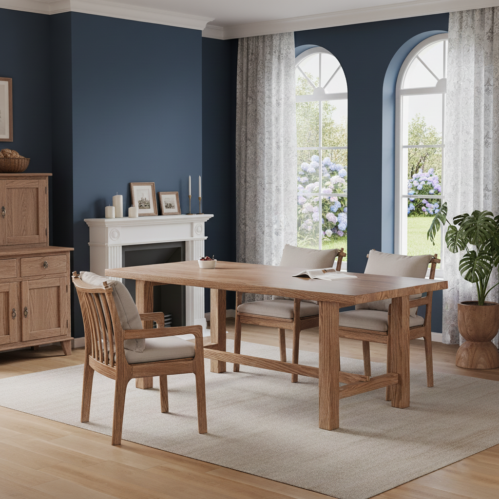 Scandinavian Wooden Rectangular Dining Table With Stretcher Base For Dining Room