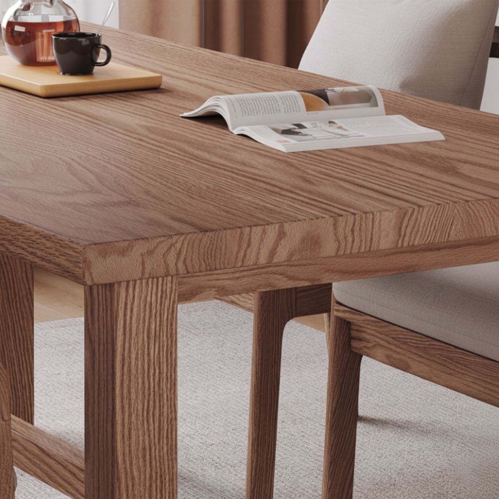 Scandinavian Wooden Rectangular Dining Table With Stretcher Base For Dining Room