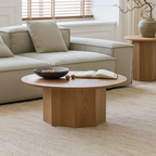 Scandinavian Wooden Round Coffee Table With Fluted Pedestal Base