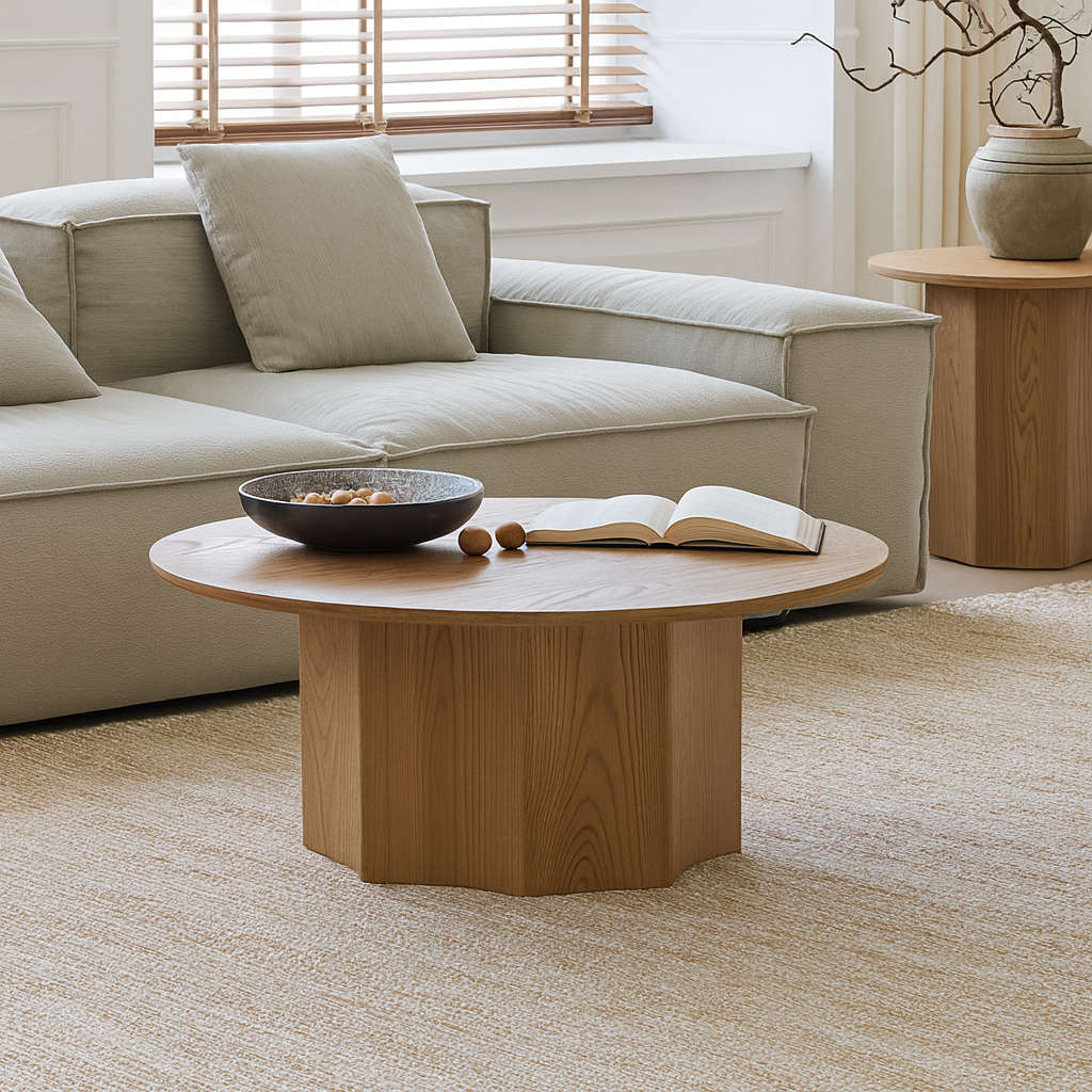 Scandinavian Wooden Round Coffee Table With Fluted Pedestal Base