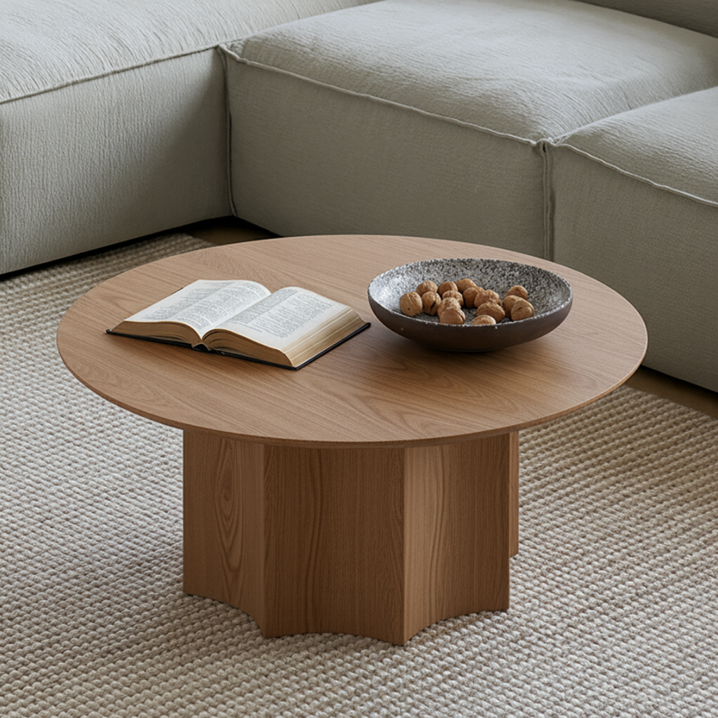 Scandinavian Wooden Round Coffee Table With Fluted Pedestal Base