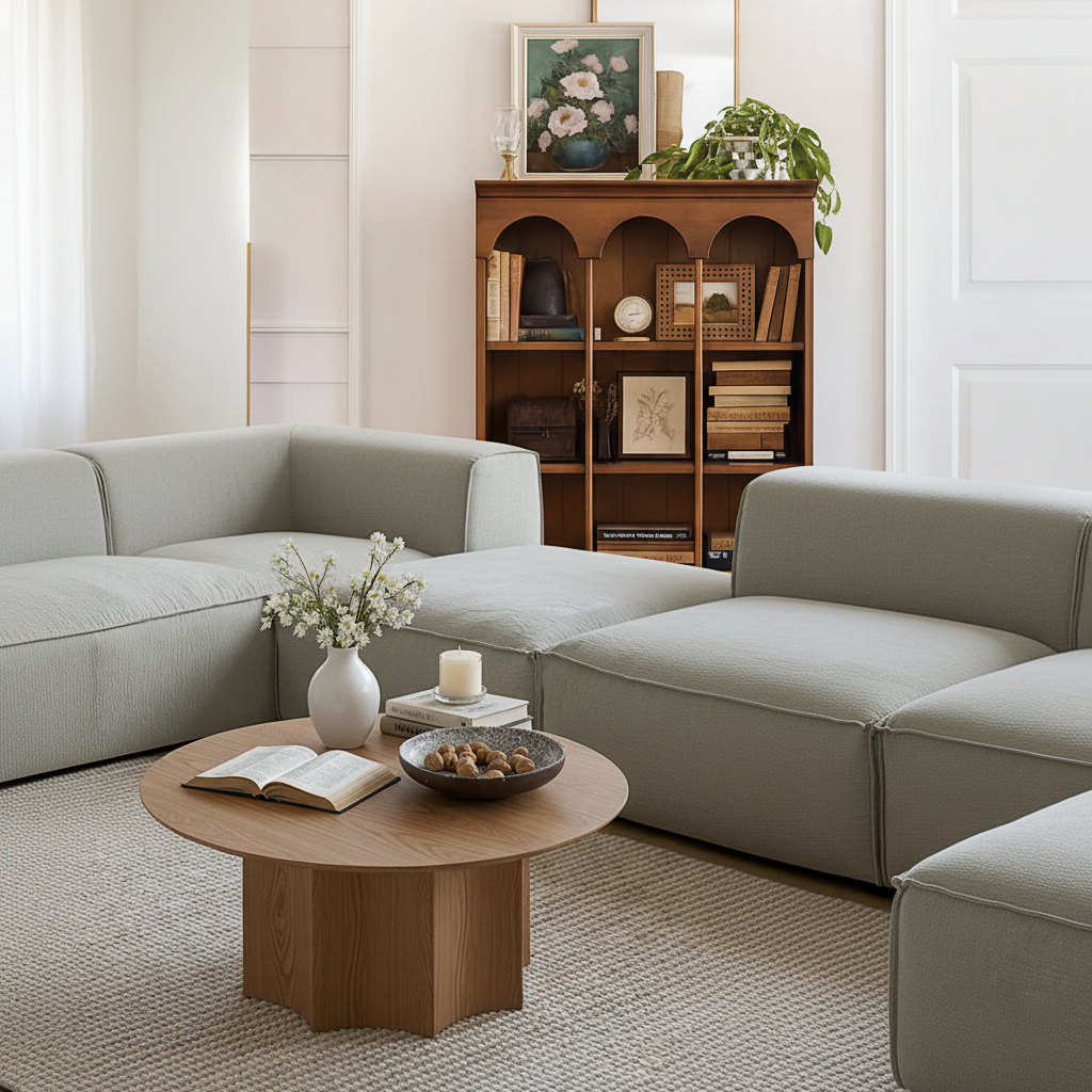 Scandinavian Wooden Round Coffee Table With Fluted Pedestal Base