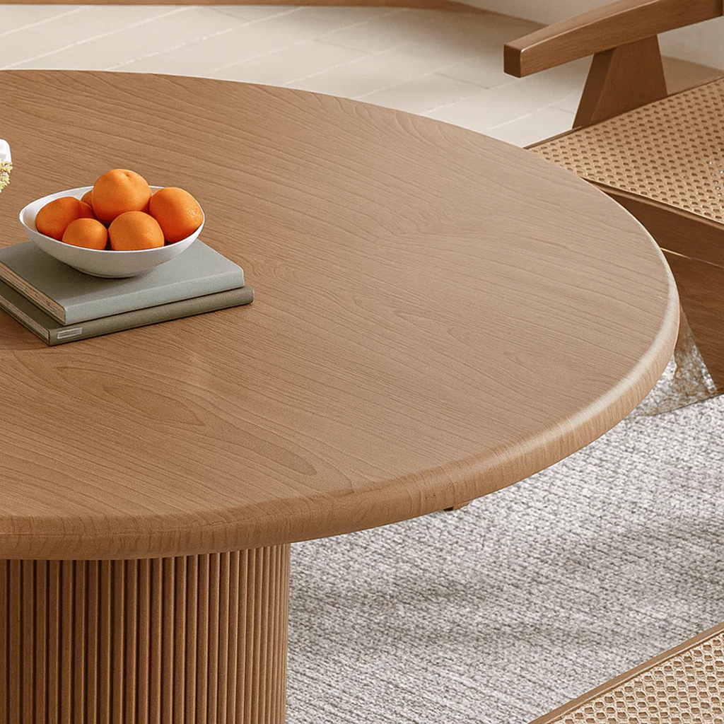 Scandinavian Wooden Round Dining Table With Fluted Pedestal Base