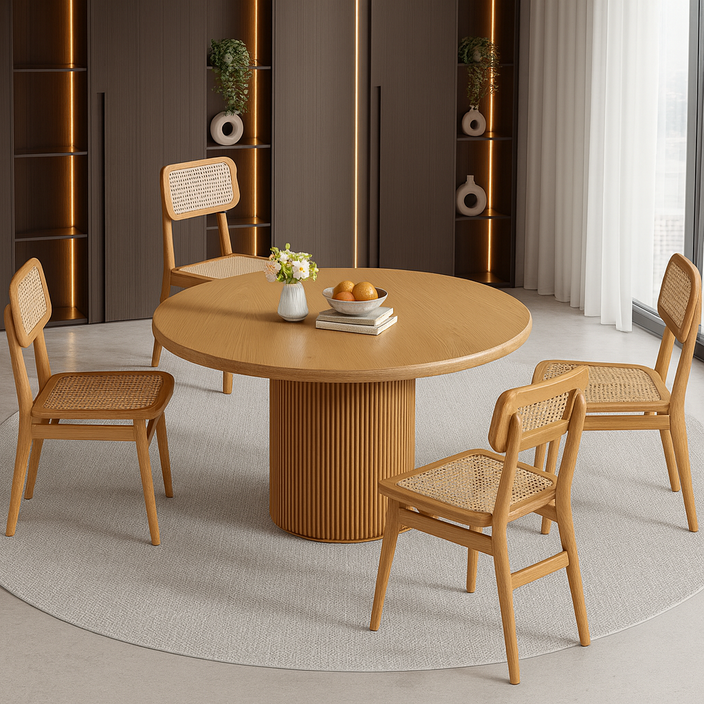 Scandinavian Wooden Round Dining Table With Fluted Pedestal Base