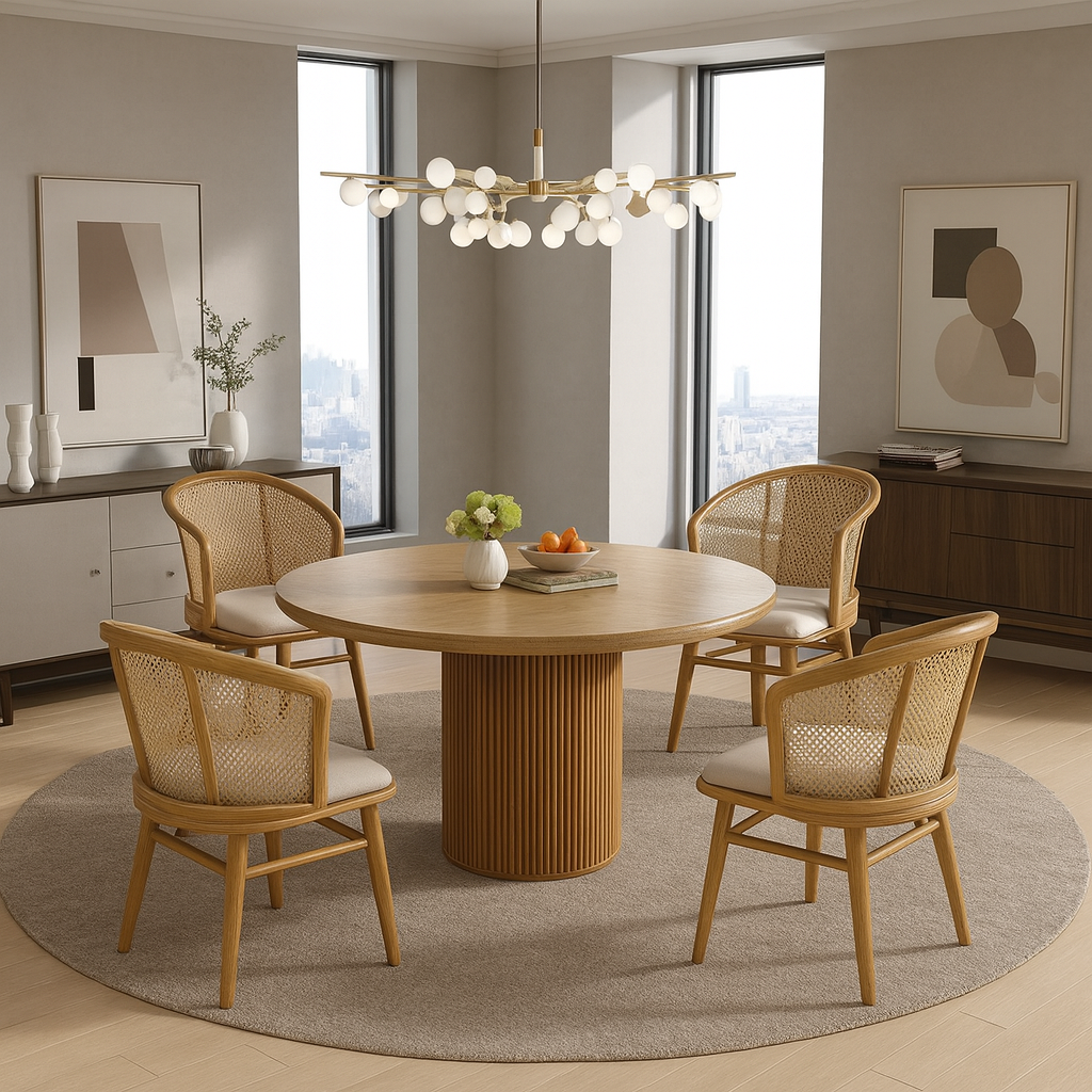 Scandinavian Wooden Round Dining Table With Fluted Pedestal Base