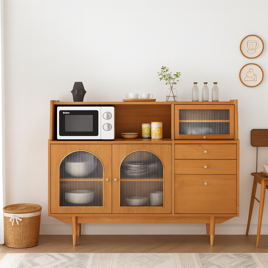 Scandinavian Wooden Sideboard With Arched Glass Doors