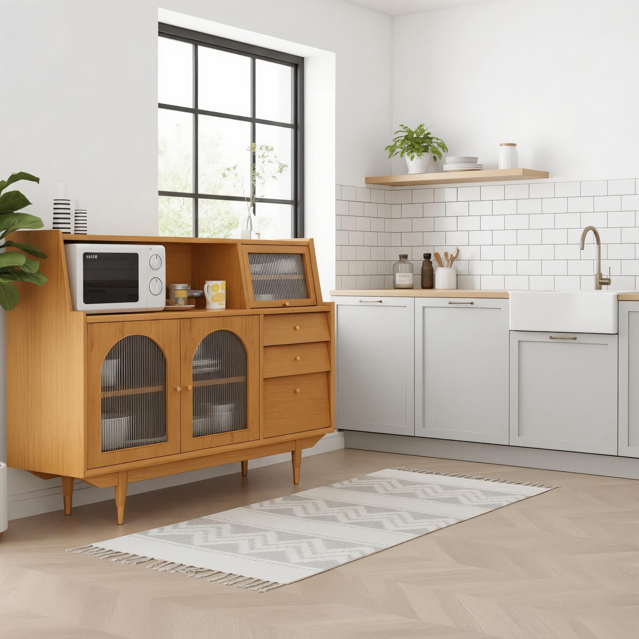 Scandinavian Wooden Sideboard With Arched Glass Doors