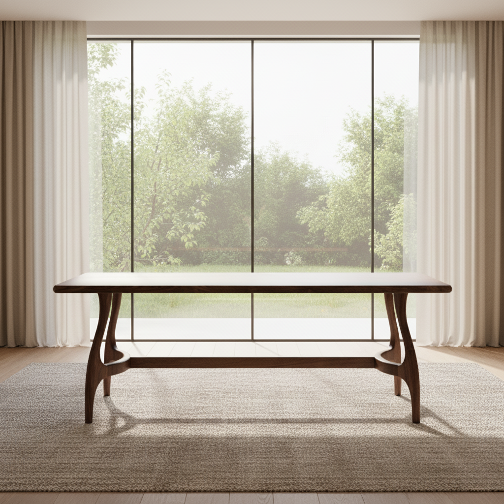 Mid-Century Wooden Rectangular Dining Table With Curved Legs For Dining Room