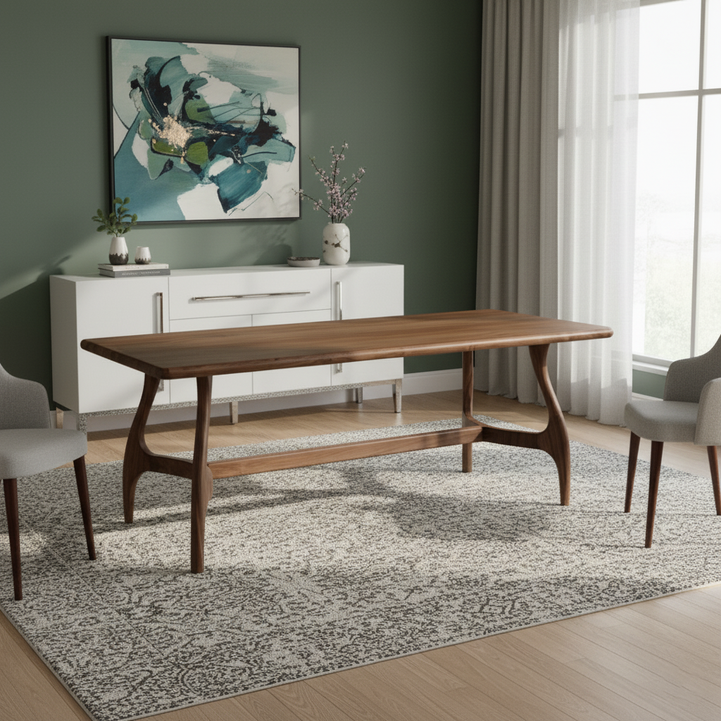 Mid-Century Wooden Rectangular Dining Table With Curved Legs For Dining Room