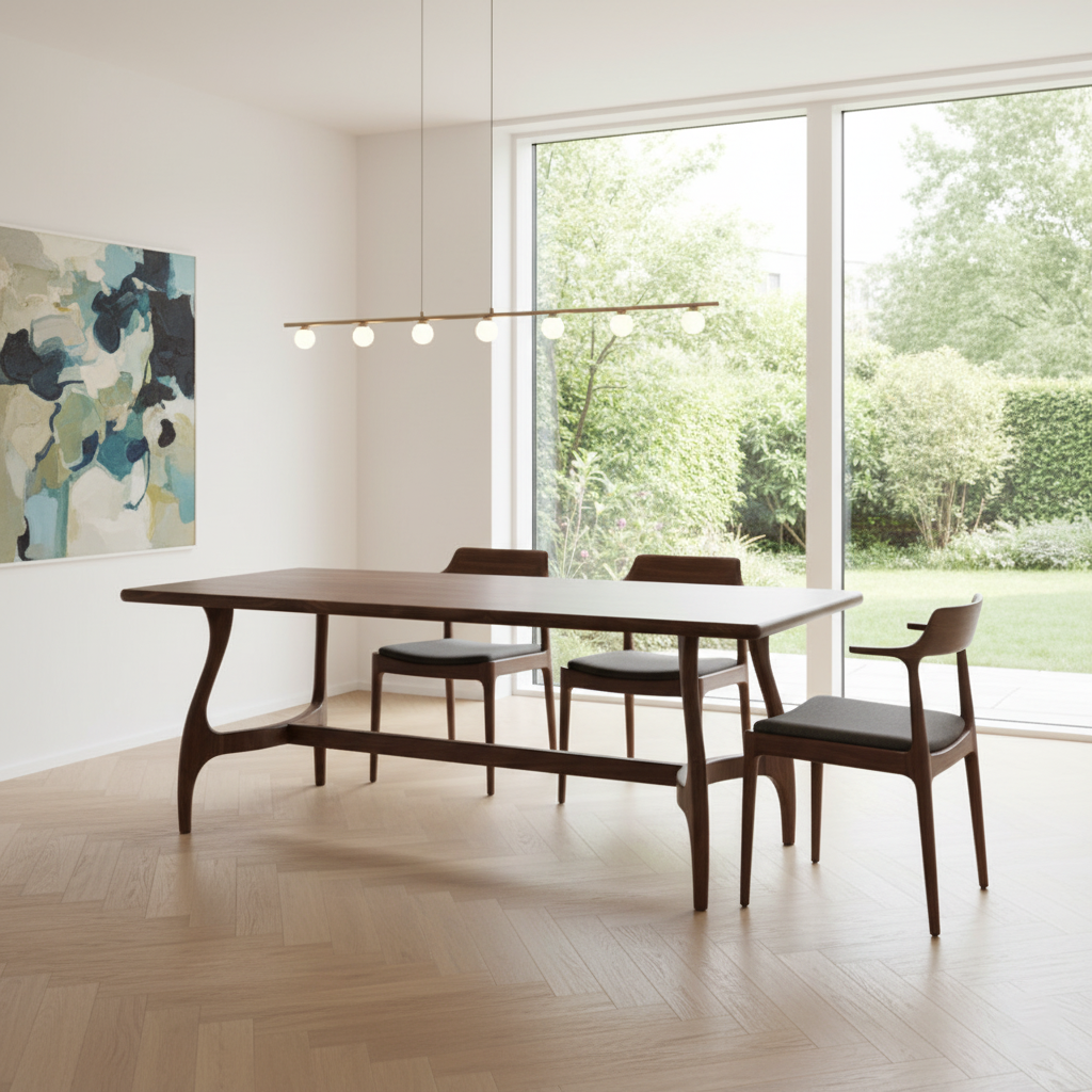 Mid-Century Wooden Rectangular Dining Table With Curved Legs For Dining Room