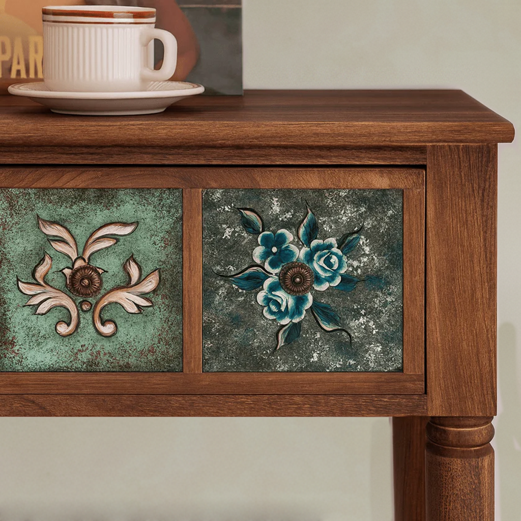 Vintage Artistic Wooden Console Table With Hand-Painted Floral Panels