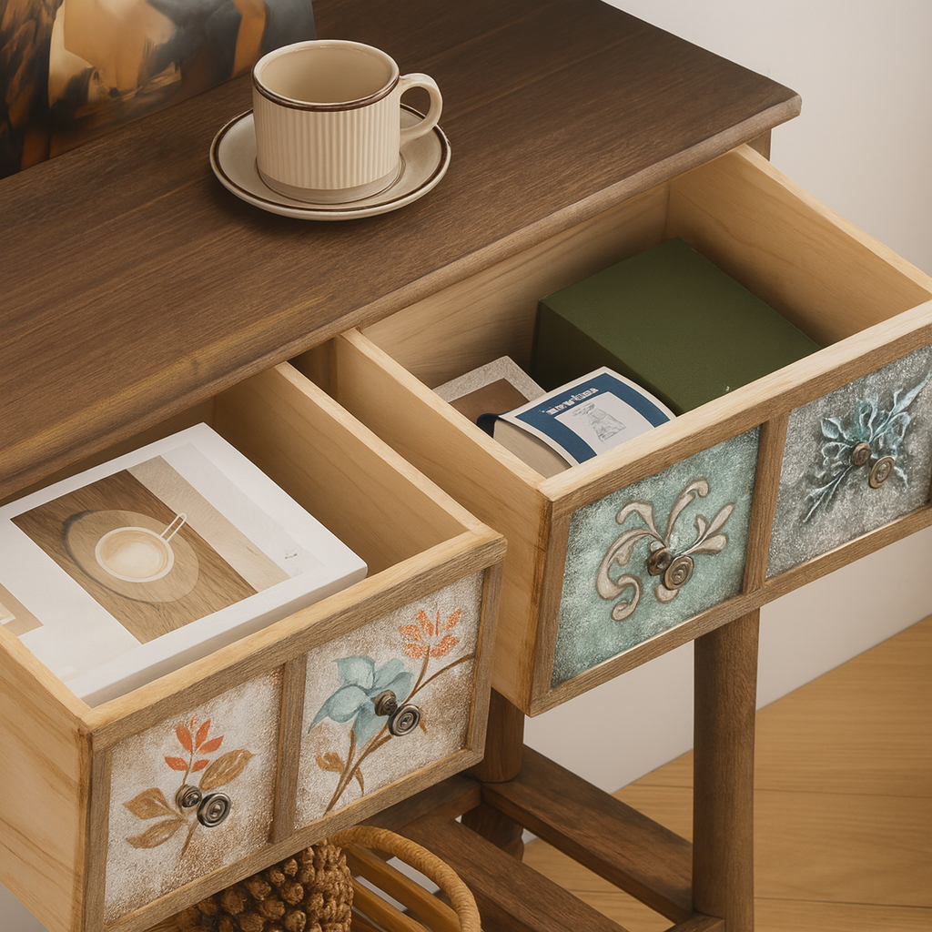 Vintage Artistic Wooden Console Table With Hand-Painted Floral Panels